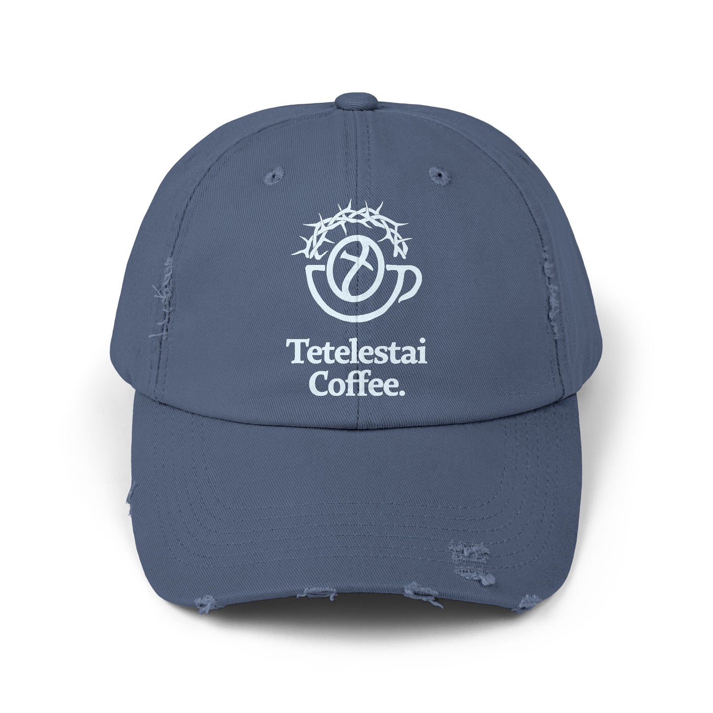 Unisex Distressed Cap with Tetelestai Coffee Logo - Casual Style for Coffee Lovers