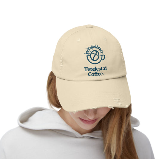 Unisex Distressed Cap with Tetelestai Coffee Logo - Casual Style for Coffee Lovers