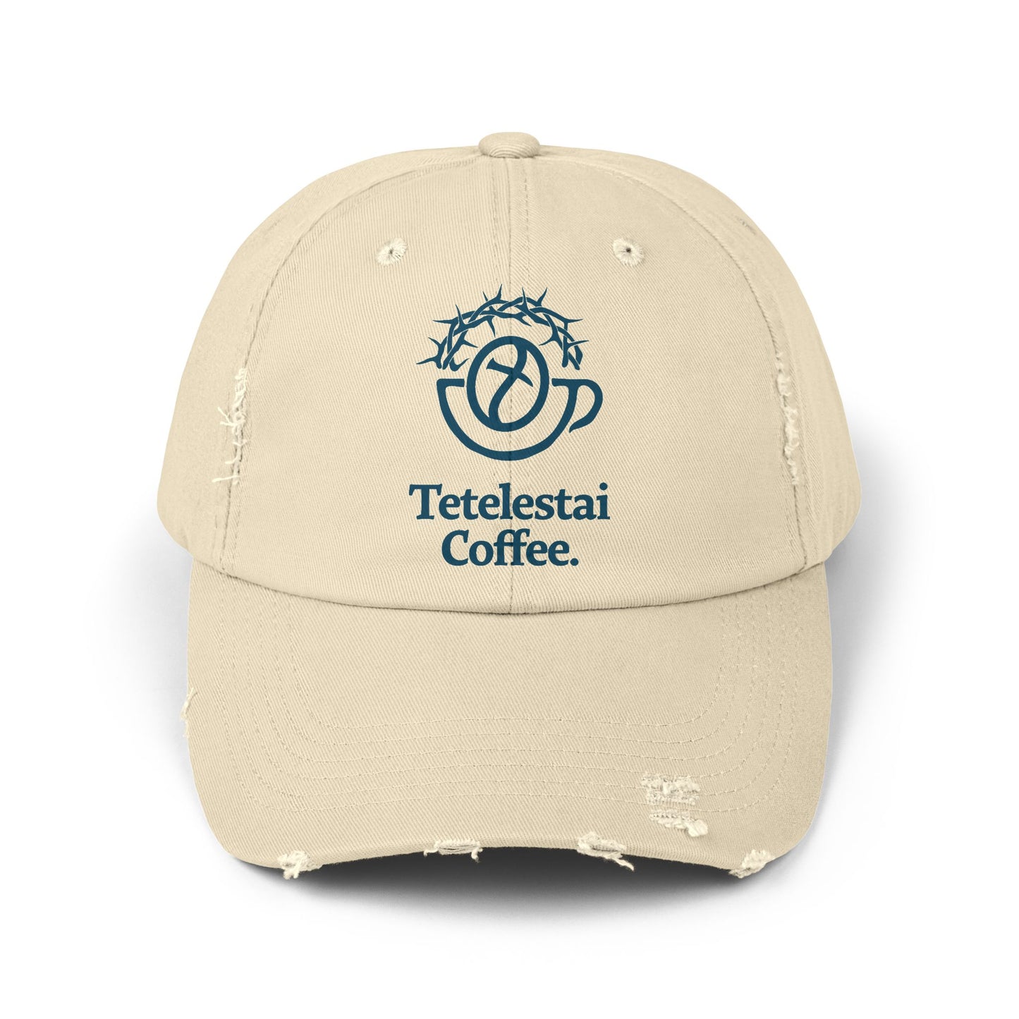 Unisex Distressed Cap with Tetelestai Coffee Logo - Casual Style for Coffee Lovers