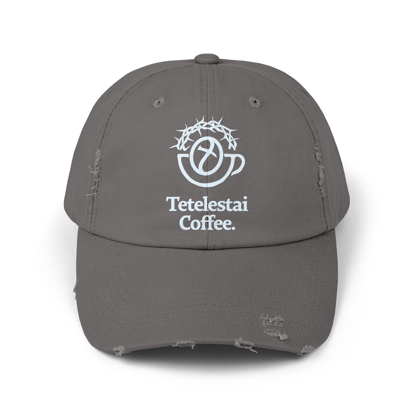 Unisex Distressed Cap with Tetelestai Coffee Logo - Casual Style for Coffee Lovers