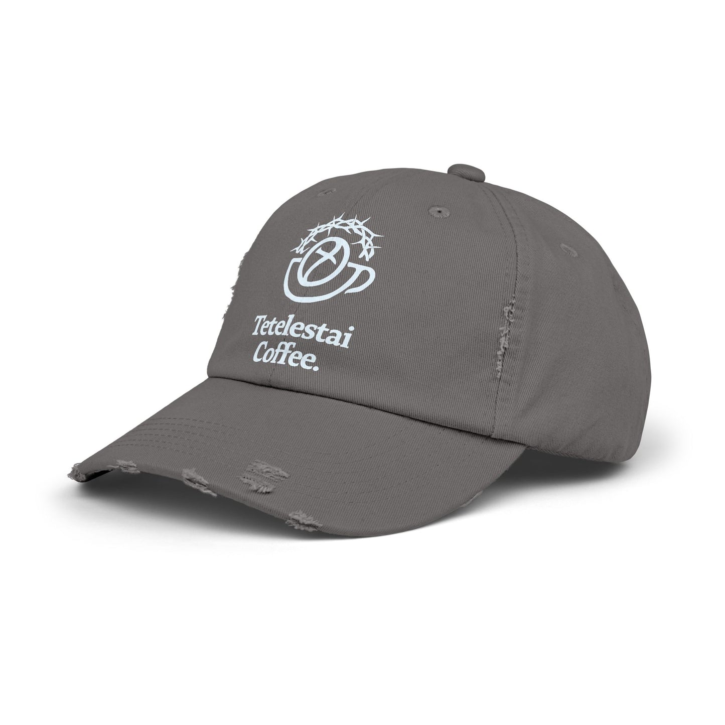 Unisex Distressed Cap with Tetelestai Coffee Logo - Casual Style for Coffee Lovers