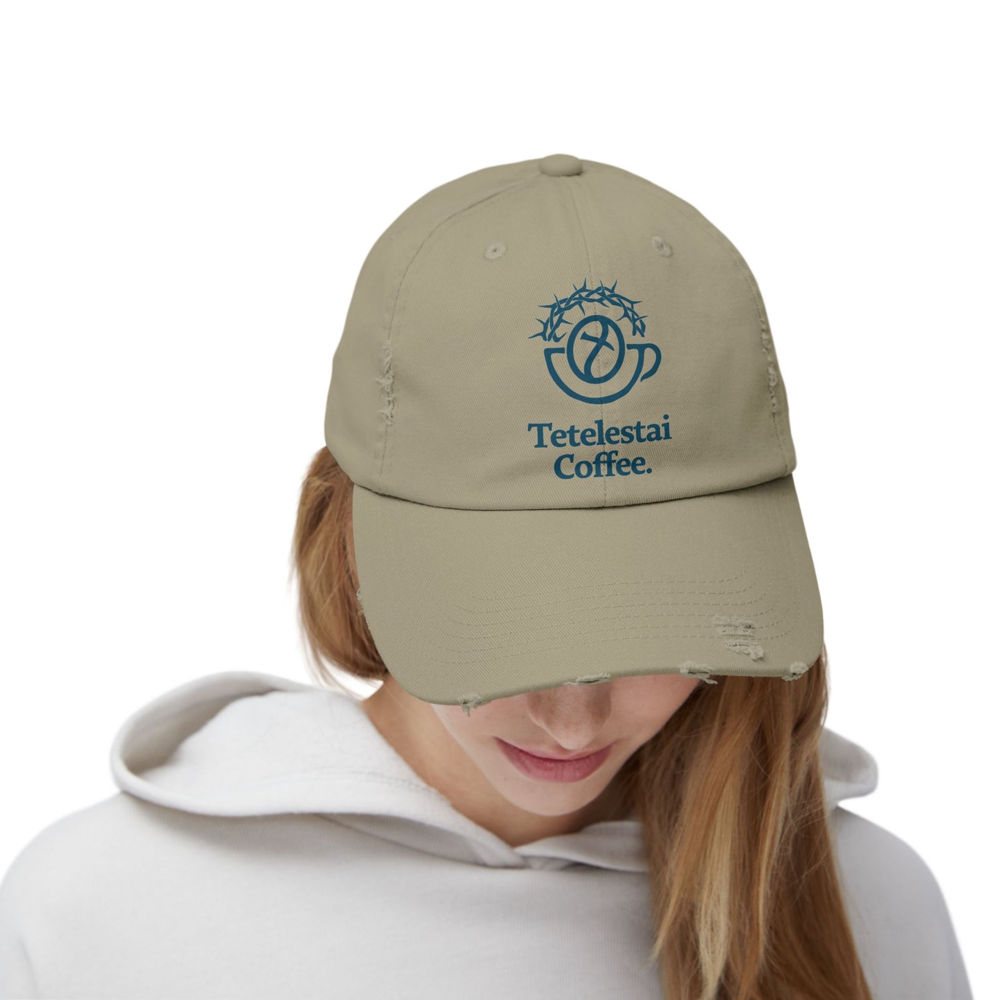 Unisex Distressed Cap with Tetelestai Coffee Logo - Casual Style for Coffee Lovers