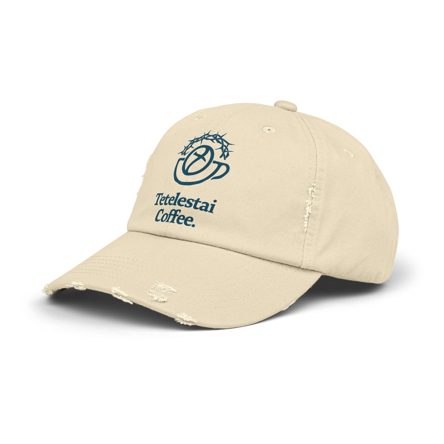 Unisex Distressed Cap with Tetelestai Coffee Logo - Casual Style for Coffee Lovers