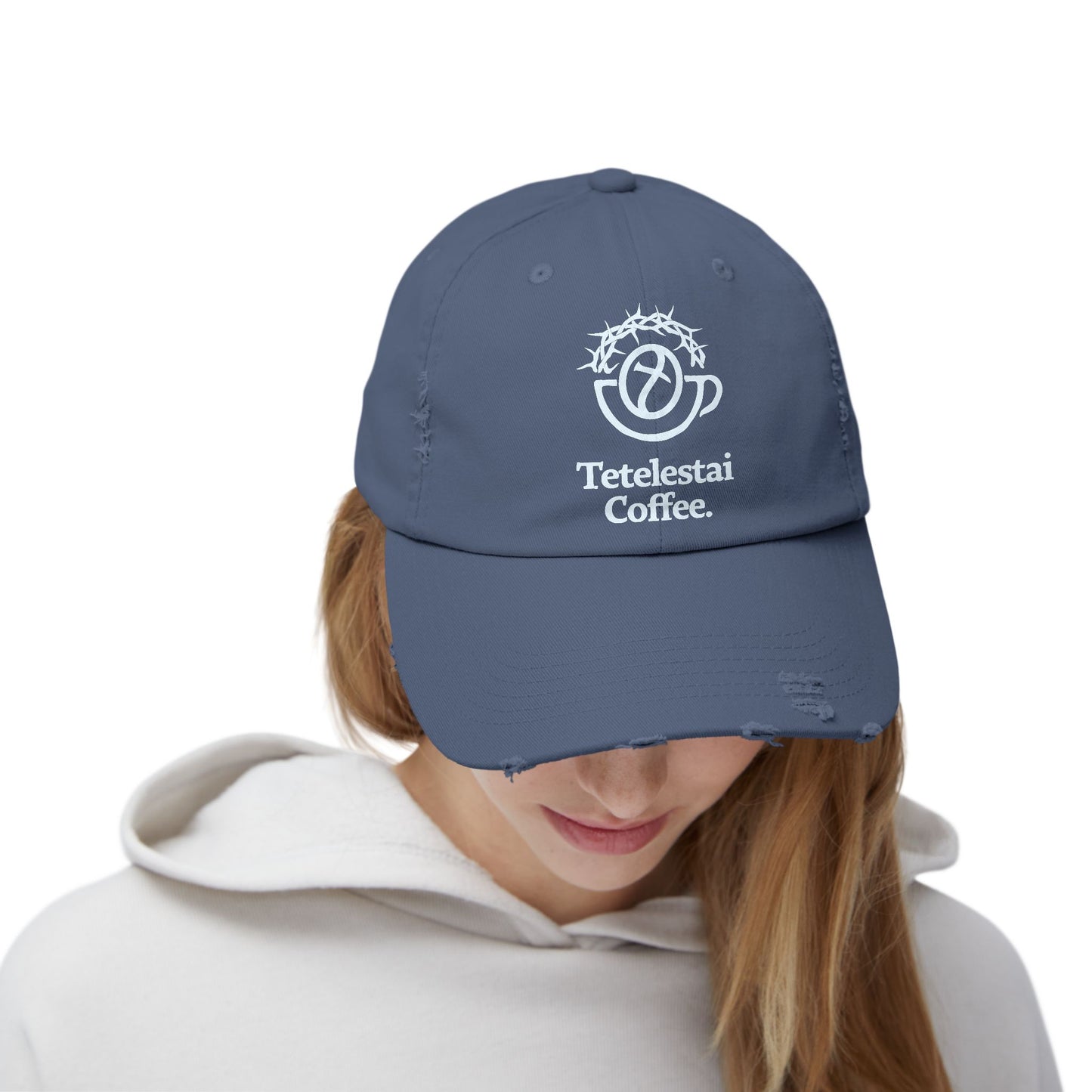 Unisex Distressed Cap with Tetelestai Coffee Logo - Casual Style for Coffee Lovers