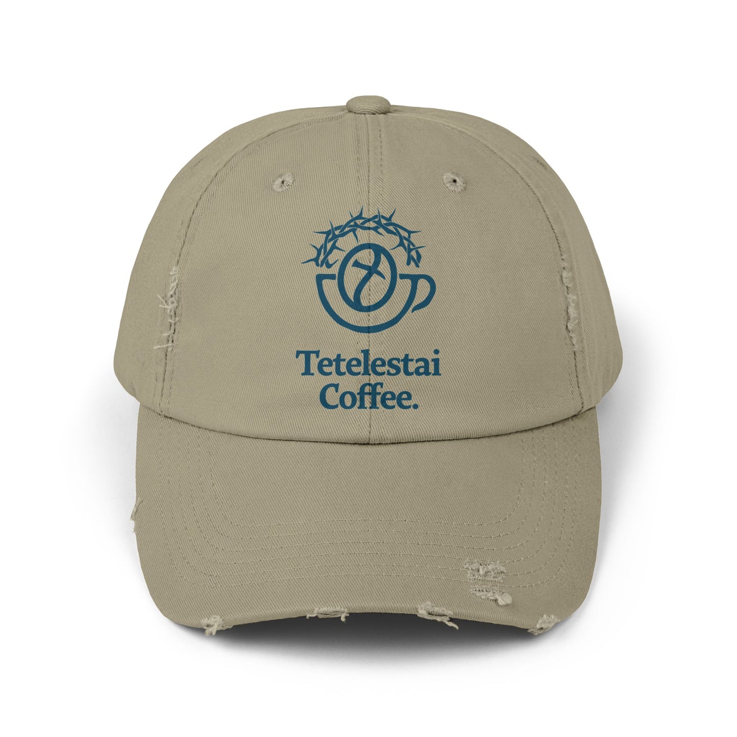 Unisex Distressed Cap with Tetelestai Coffee Logo - Casual Style for Coffee Lovers