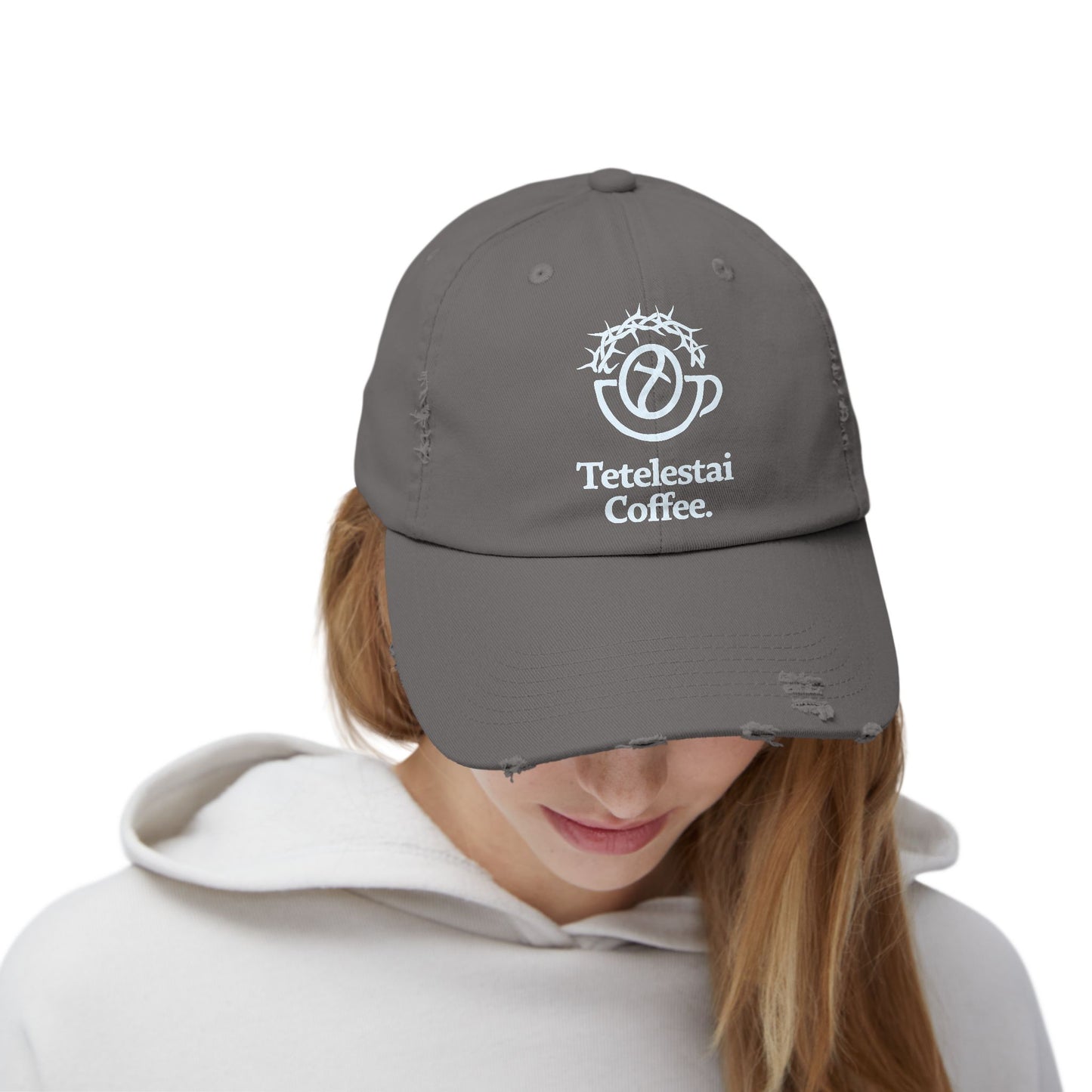 Unisex Distressed Cap with Tetelestai Coffee Logo - Casual Style for Coffee Lovers