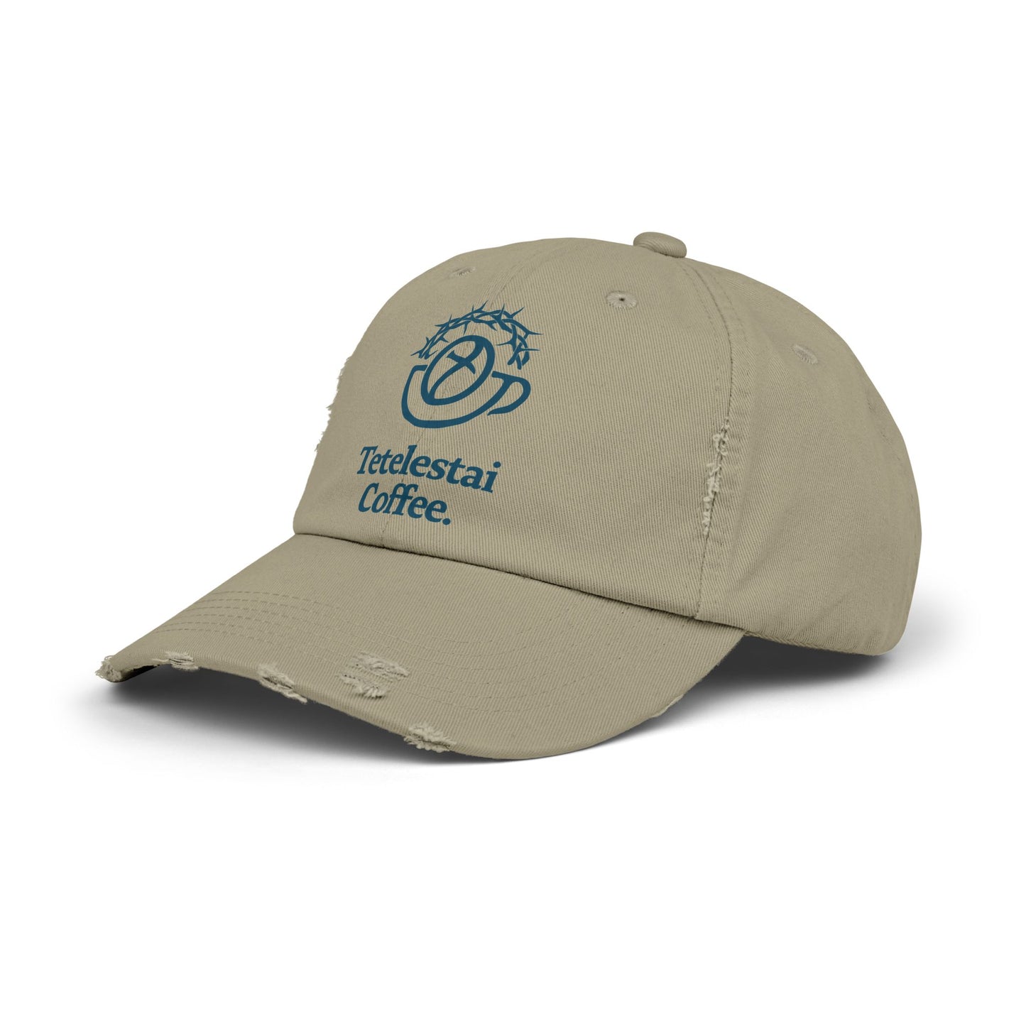 Unisex Distressed Cap with Tetelestai Coffee Logo - Casual Style for Coffee Lovers